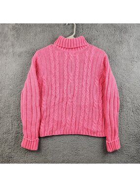 Y2K Cable Knit Sweater Womens Size Large Hot Pink Mock Neck Ribbed Pullover Cute
